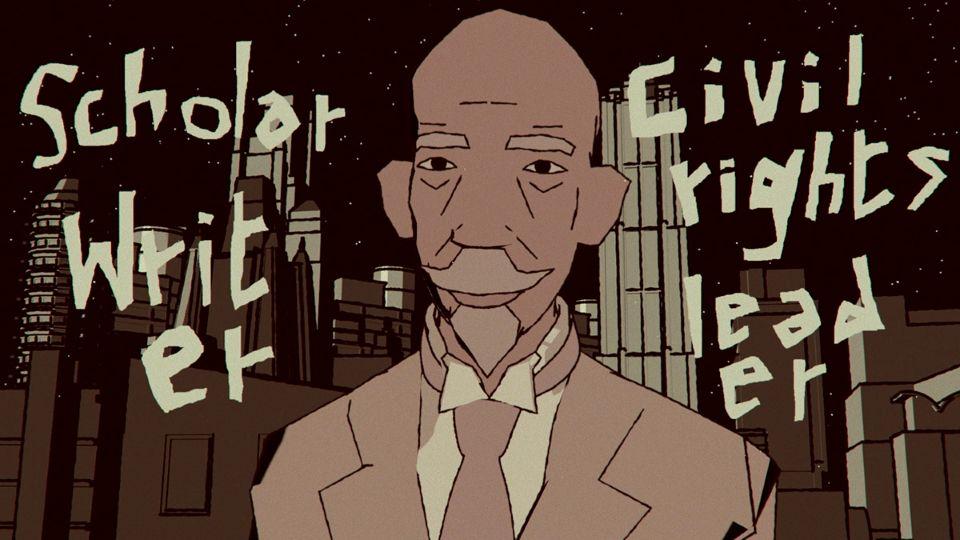 Illustration of W.E.B. Du Bois surrounded by the words 'scholar', 'writer', 'civil rights leader'.